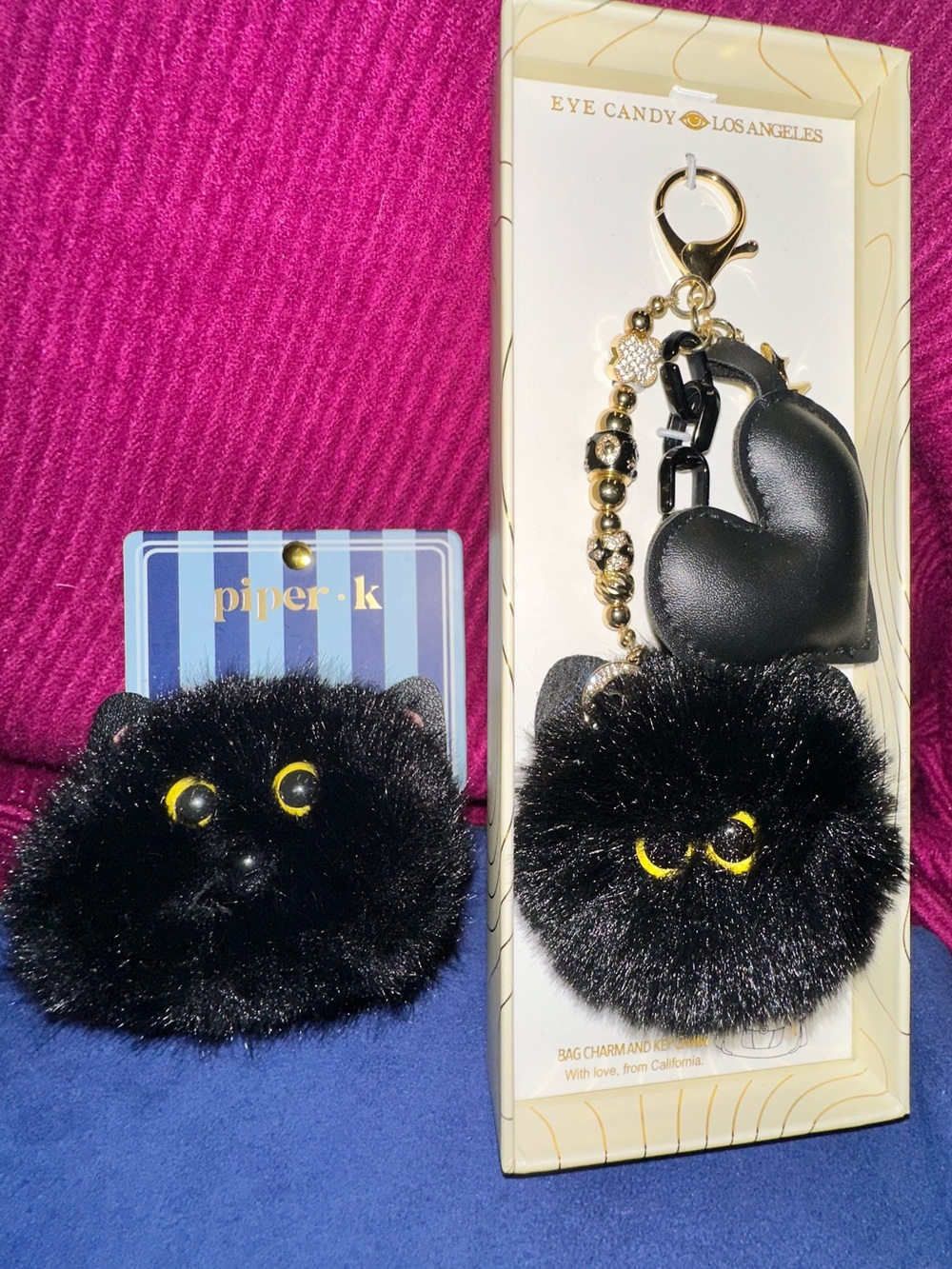 Piper Black Fuzzy Cat Pom Pom Hair Claw Clip & Eye candy Black Cat Keychain set
